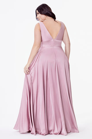 Satin flowy A-line dress with leg slit, open back and v-neckline.
