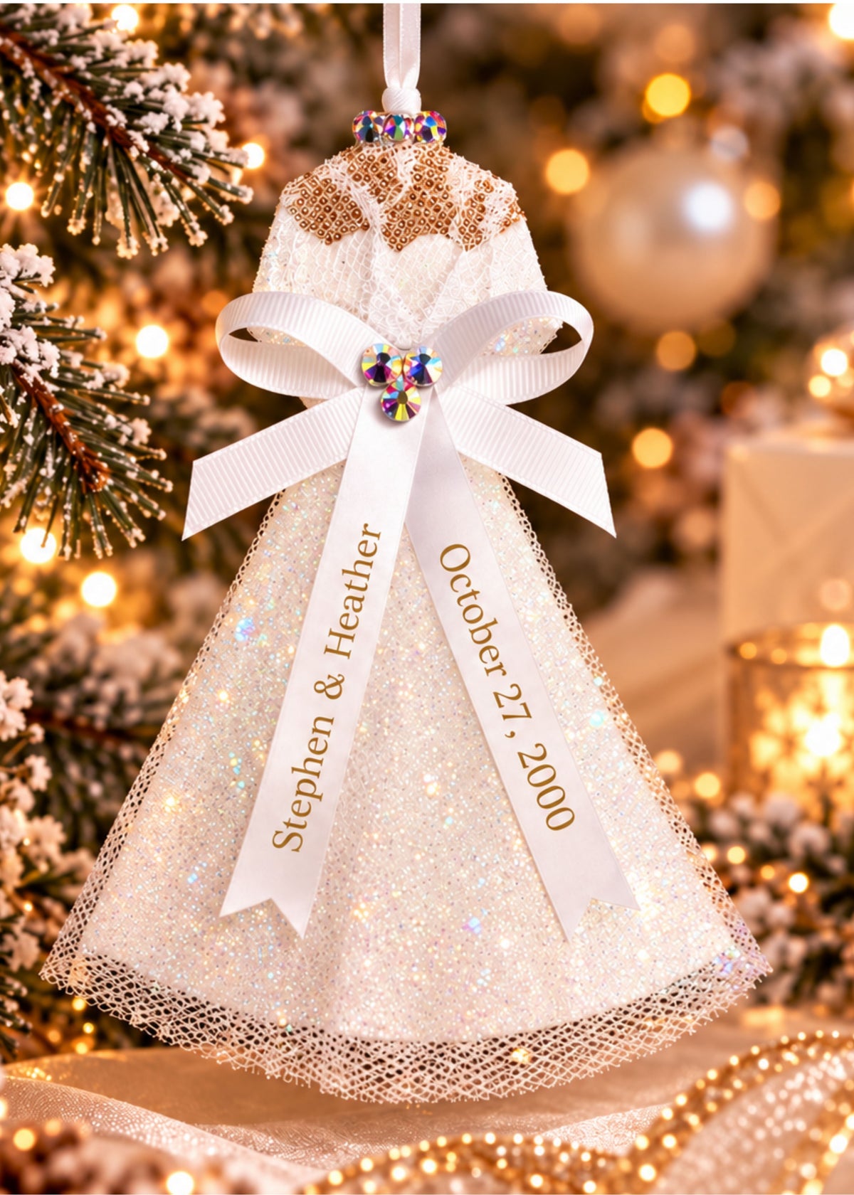 Personalized Wedding Bells Collection Wedding Dress Christmas Ornament by Heather French Henry Collection