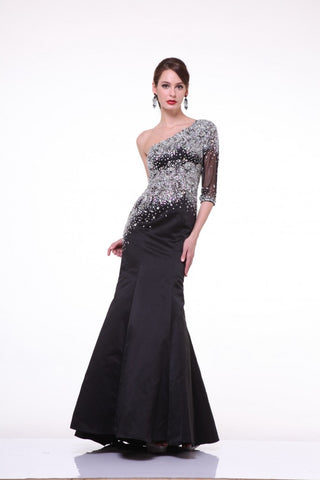 Black One Shoulder Illusion Sleeve Beaded Satin Gown