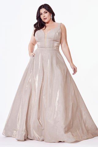 Curve Collection Glitter ball gown with deep plunge neckline and illusion sides.