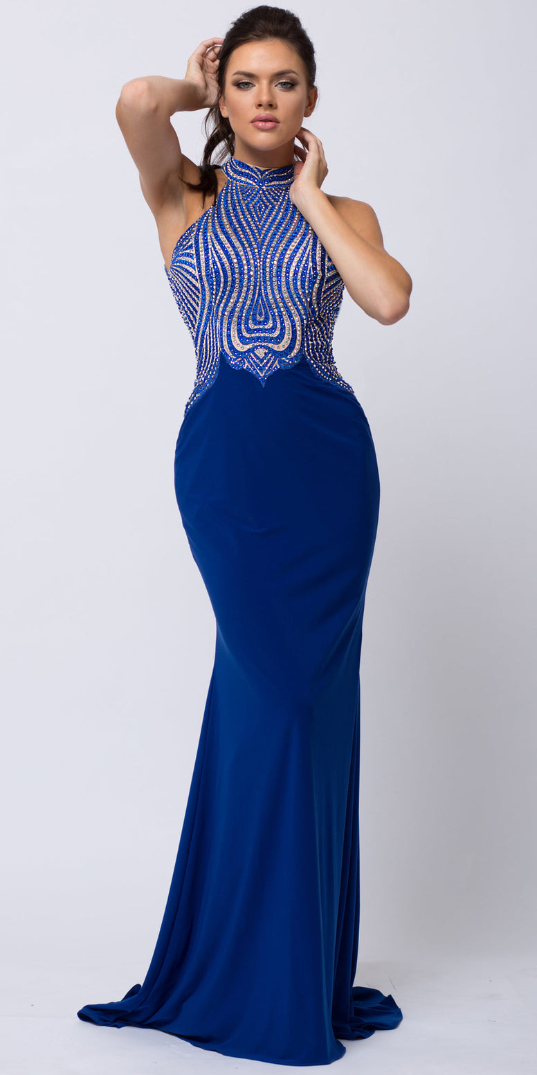 HIGH HALTER NECK TWO-TONE BEJEWELED TOP LONG PROM DRESS